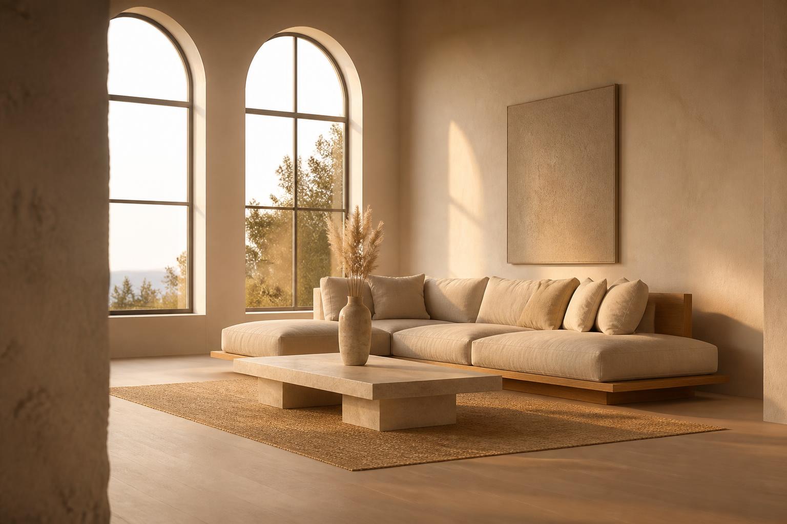 Scandinavian living room at golden hour
